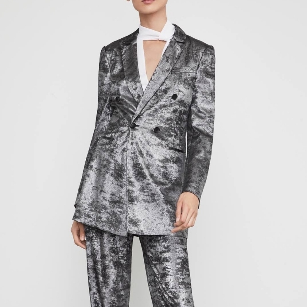 NEW BCBGMaxAzria Metallic Double Breasted Blazer Suit Jacket Silver